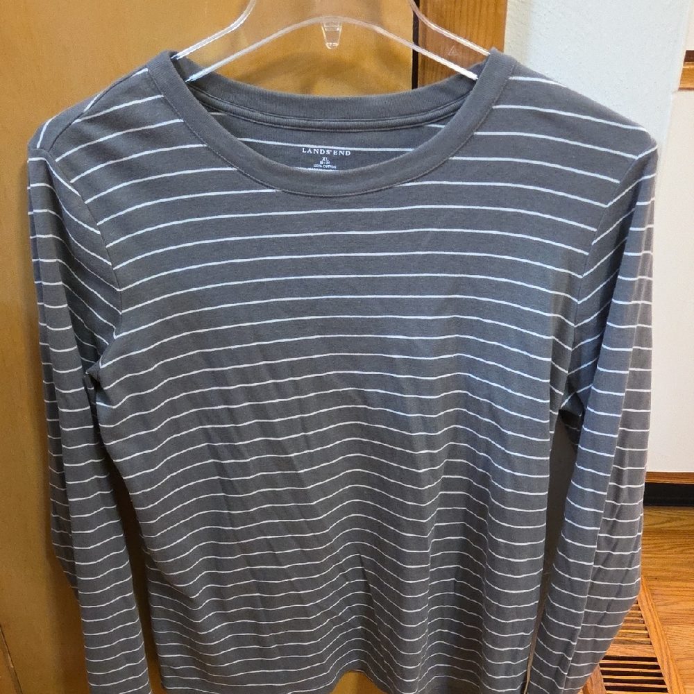 Lands' End Charcoal and White Striped Tee